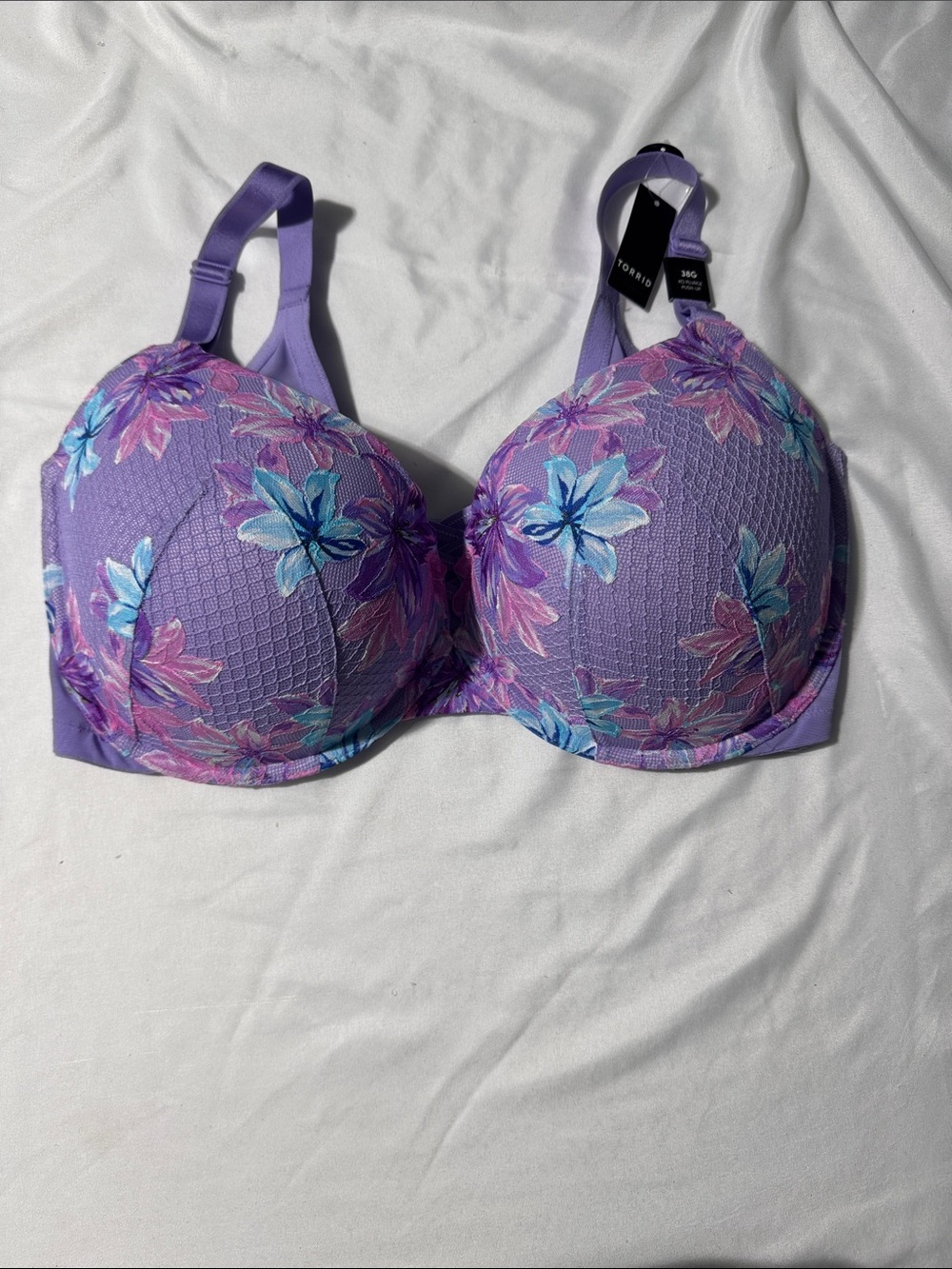 NWT Torrid 38G XO Plunge Push-Up Bra Purple Floral Lace Underwire